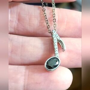 Music note necklace pendant black stone simulated diamonds cz silver sparkly
